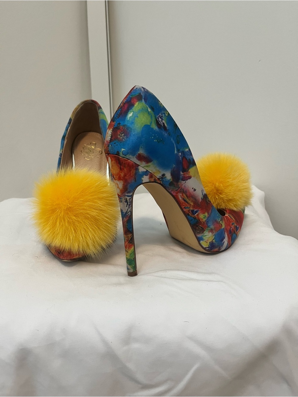 Multicolor Floral Stiletto Pumps with Yellow Pom Pom